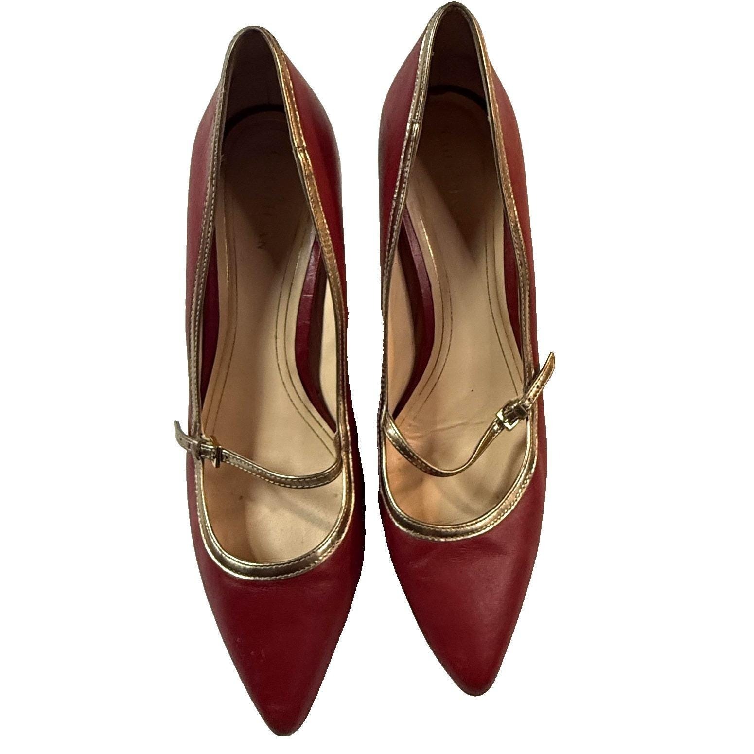 Cole Haan Heels Womens Size 8.5 Red Leather Gold Trim Mary Jane Pumps Shoes Y2k
